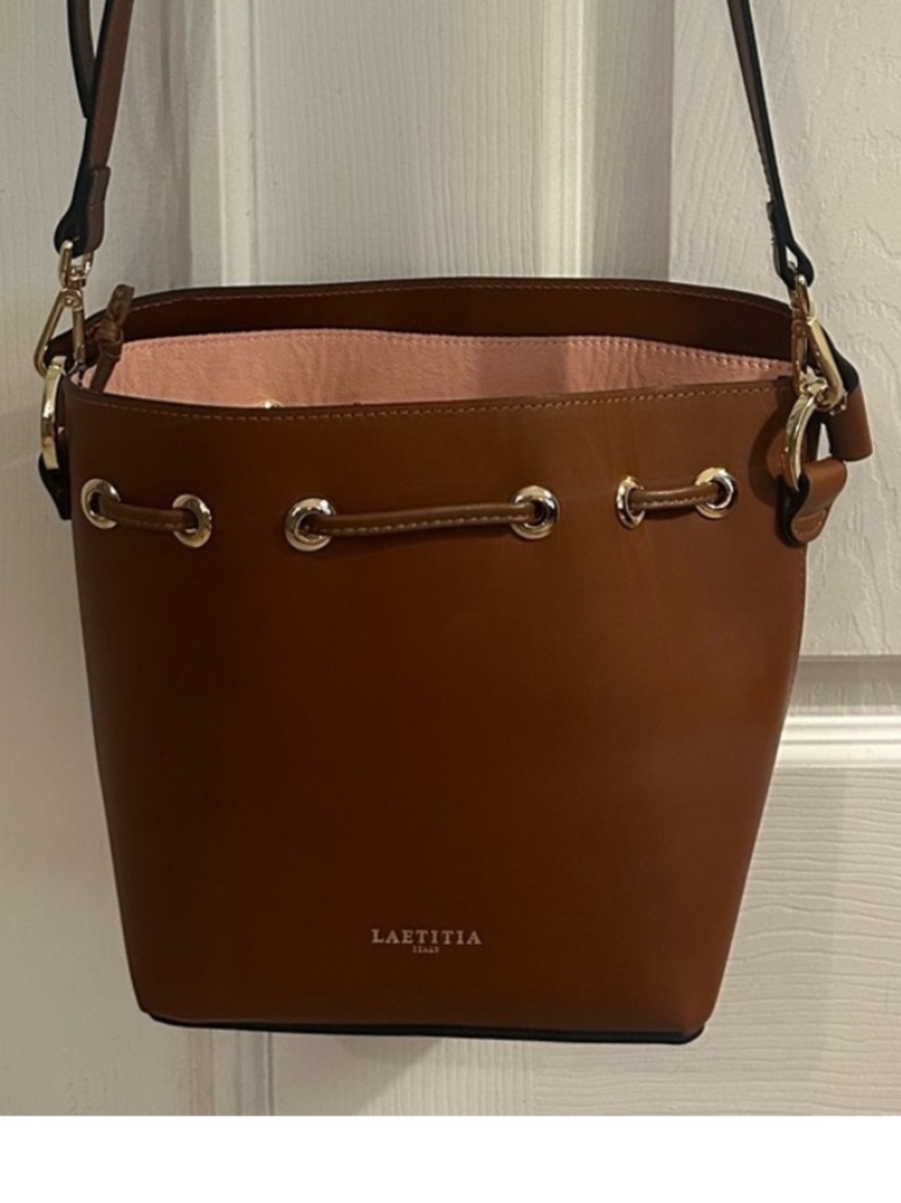 Laetitia Brown Leather Bucket Bag With Gold Hardware Adjustable Strap